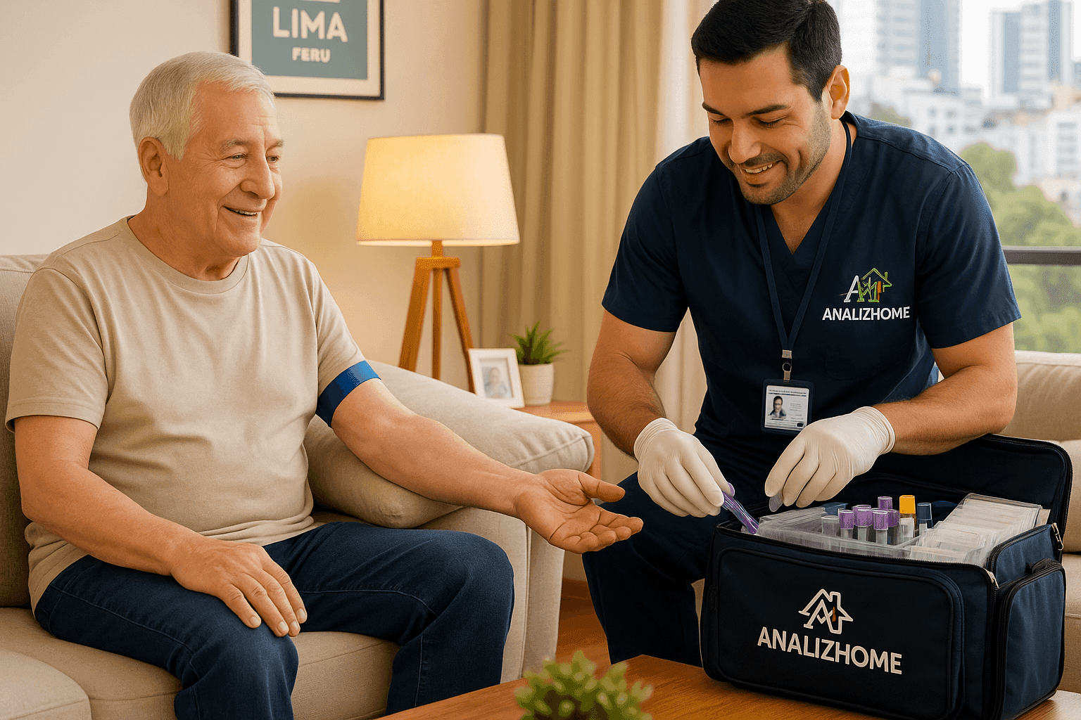 Profesional de salud de AnalizHome atendiendo a un paciente en su hogar
